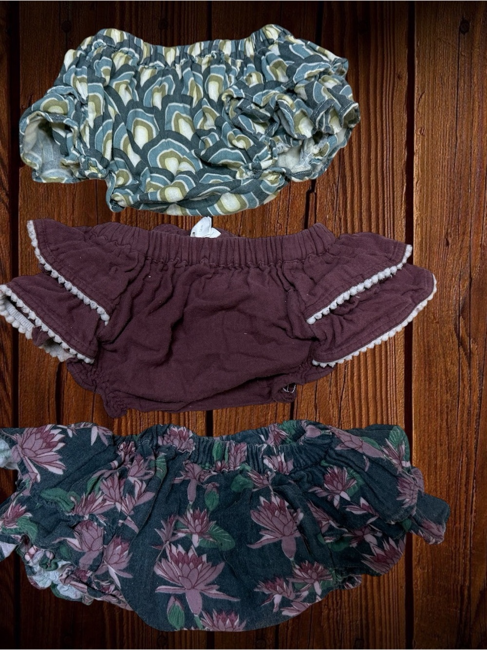 kate quinn Green Pattern, Plum, and Teal Floral Ruffle Bloomers Set